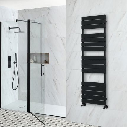 Milano Lustro Electric - Designer Black Flat Panel Heated Towel Rail - Choice of Size, Heating Element and Cable Cover